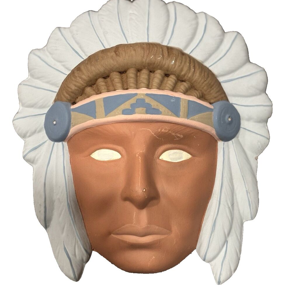 Vintage Native American Chief Wall Mask – 3D Ceramic/Chalkware – Hand Painted